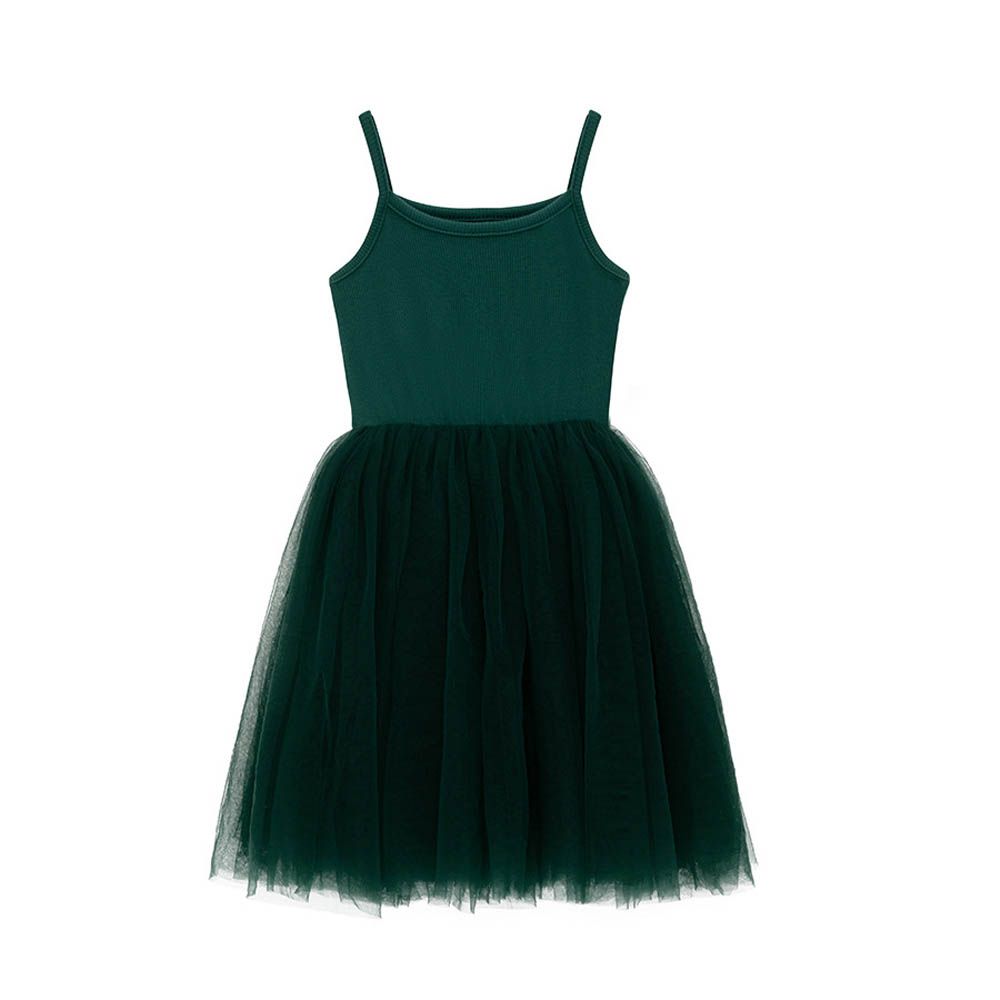 彈力螺紋細肩帶澎澎紗裙洋裝-墨綠色