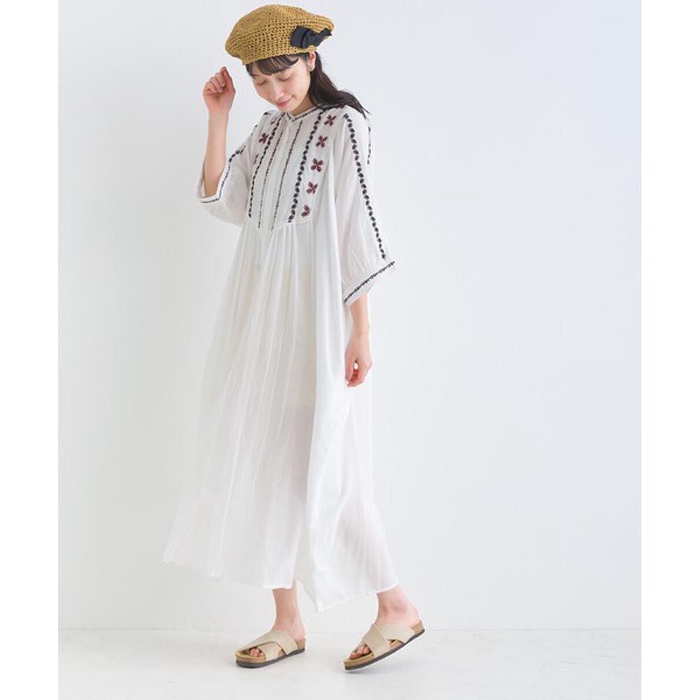 日本 Lupilien - 100%印度棉 清爽刺繡襯衫式長洋裝-白色
