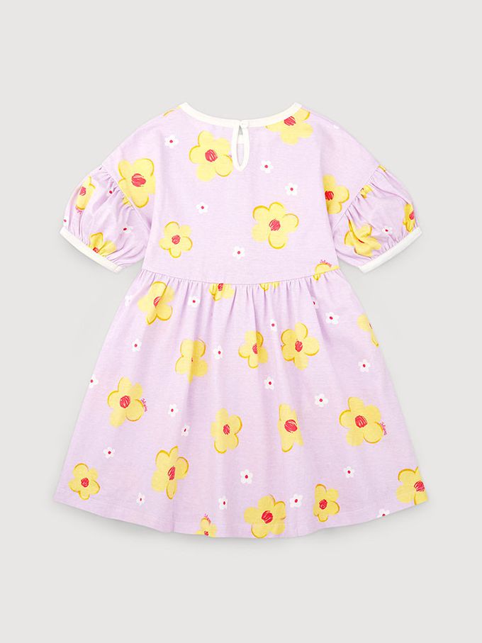 韓國 Jelispoon - 甜心黃花印落肩袖拼接洋裝-象牙白