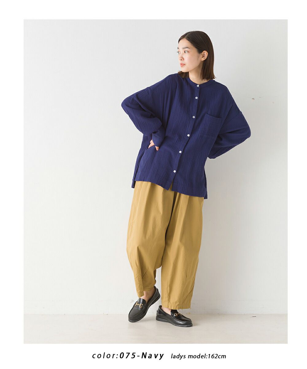 日本 OMNES - 圓領質感二重紗長袖襯衫-白