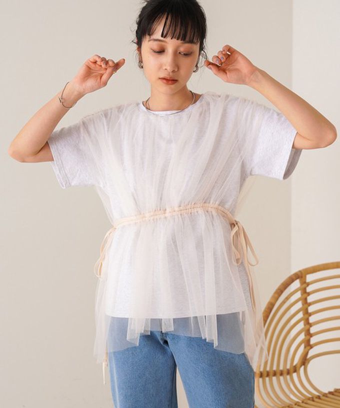 日本 Bab - 仙氣皺摺薄紗 腰綁帶短袖上衣-卡其