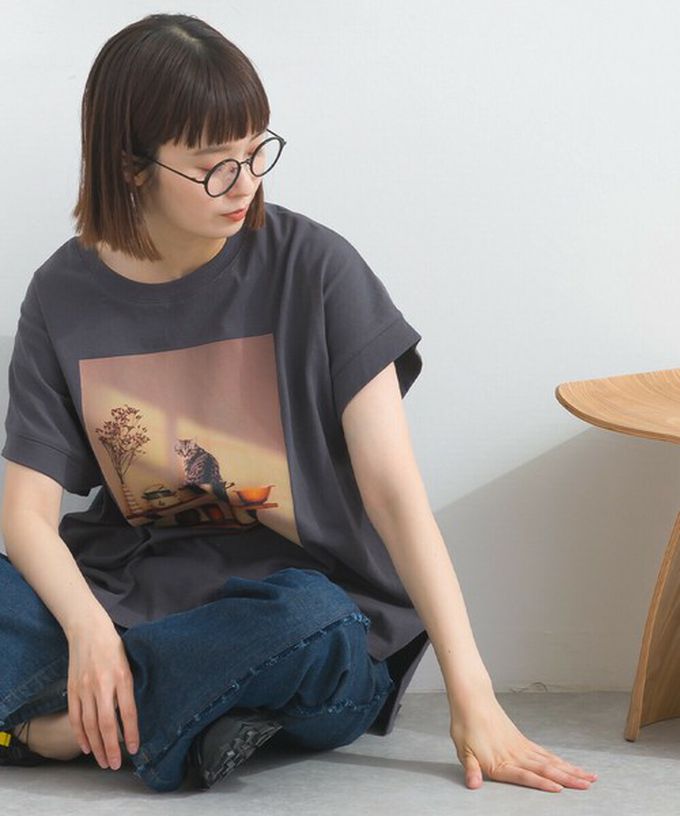 日本 Lupilien - 16支天竺棉 療癒印花法式袖上衣-貓咪的房間-薄荷