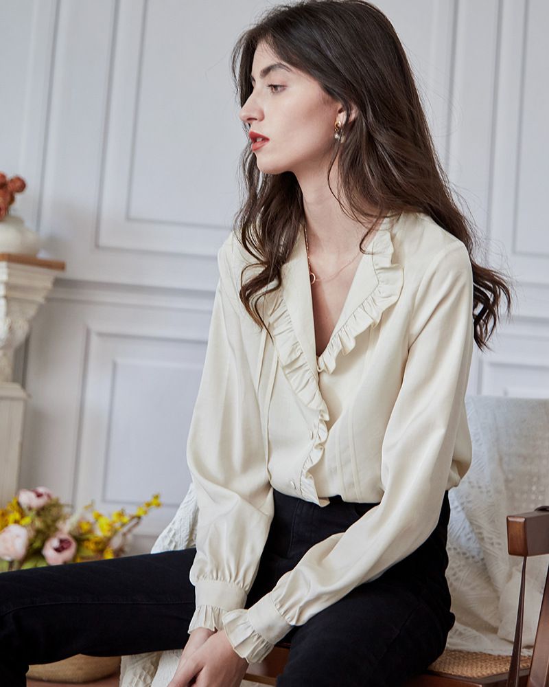 氣質荷葉邊長袖襯衫-杏色