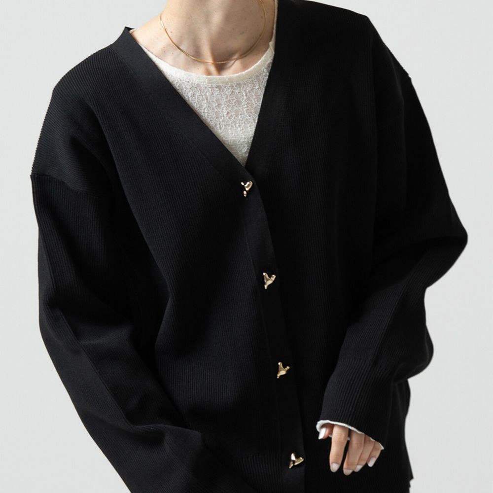 愛心金屬扣柔美羅紋開襟衫/外套-黑