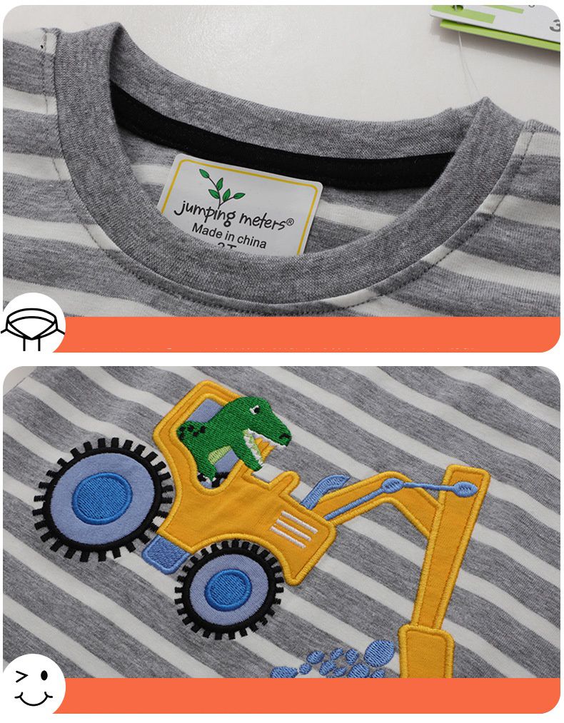 Jumping meters - 棉質圓領條紋短袖上衣-恐龍開挖掘機-灰+白