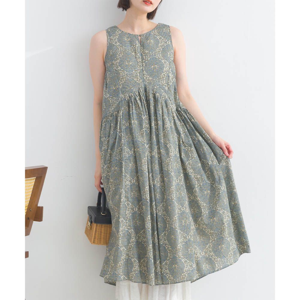 100%棉 歐風圖騰飄逸感無袖洋裝-黑