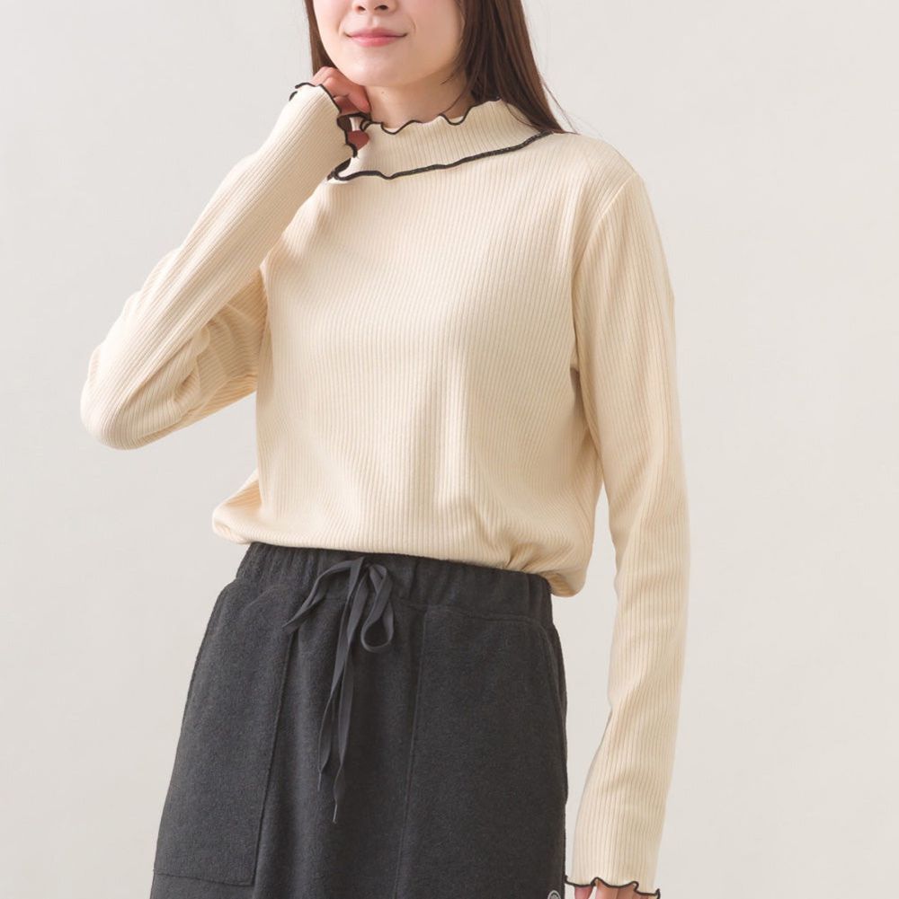 柔美木耳滾邊顯瘦高領長袖上衣-象牙