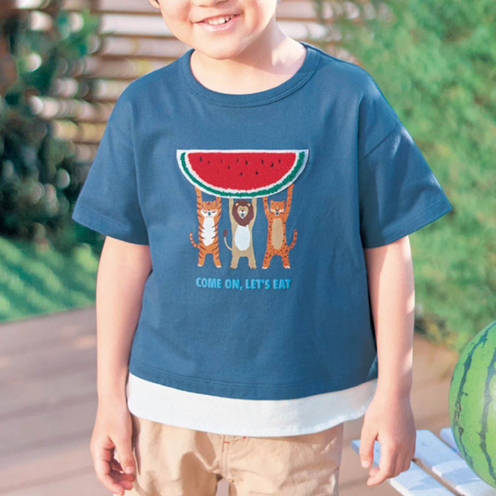 100％天竺棉夏日印花短袖上衣-鱷魚衝浪板-水藍