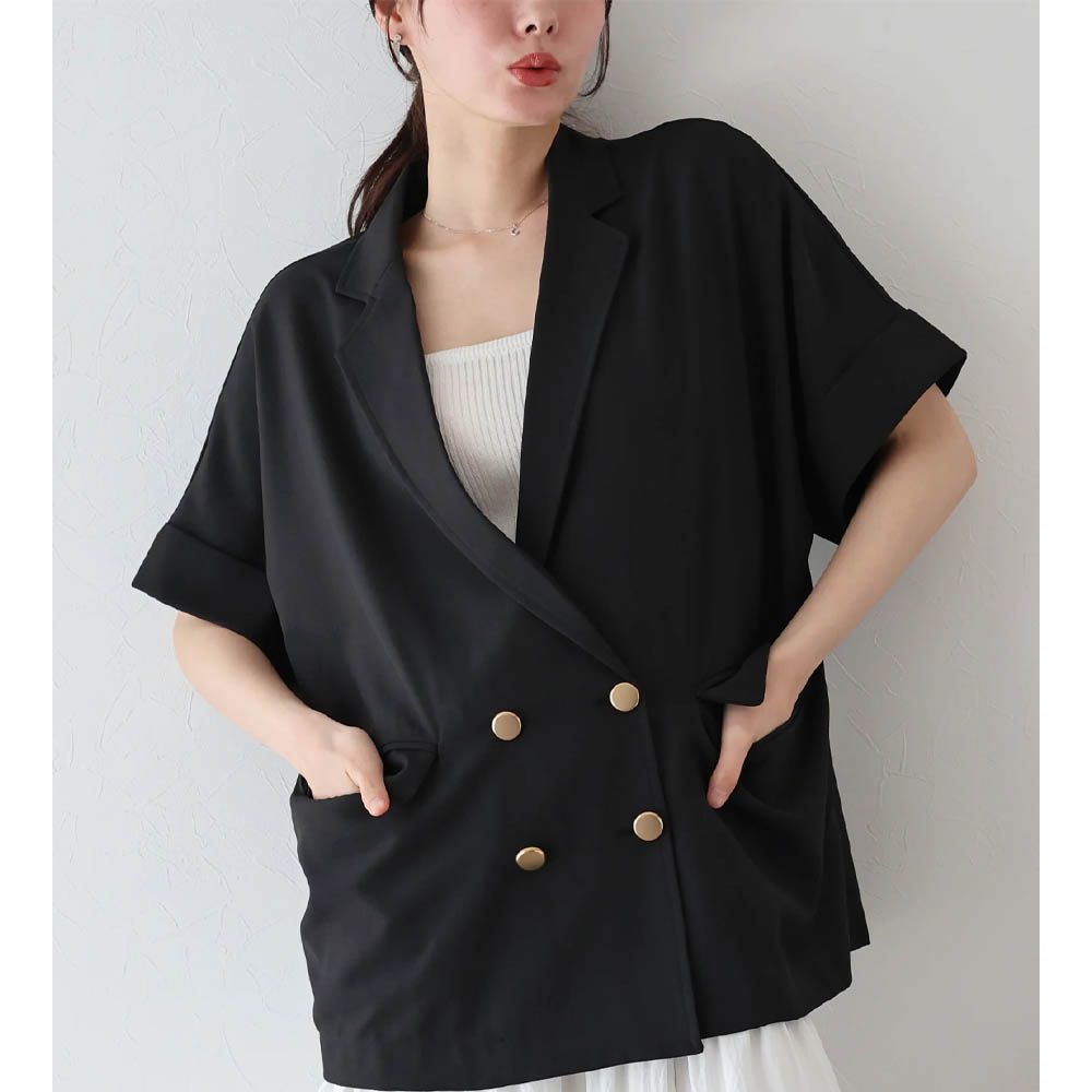 亞麻感氣質金釦短袖西裝外套-黑