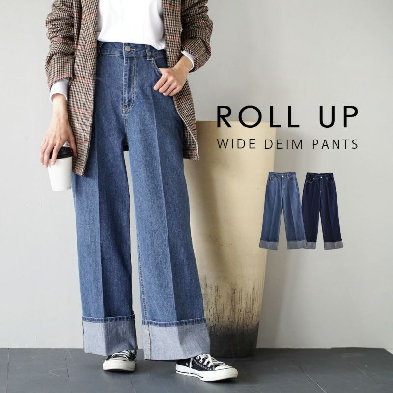 日本 zootie - 修身打褶反折單寧牛仔褲-靛藍