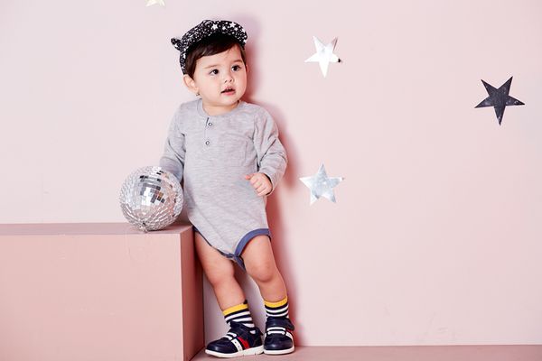 麗嬰房 Little moni - 領開釦長袖包屁衣-麻花灰