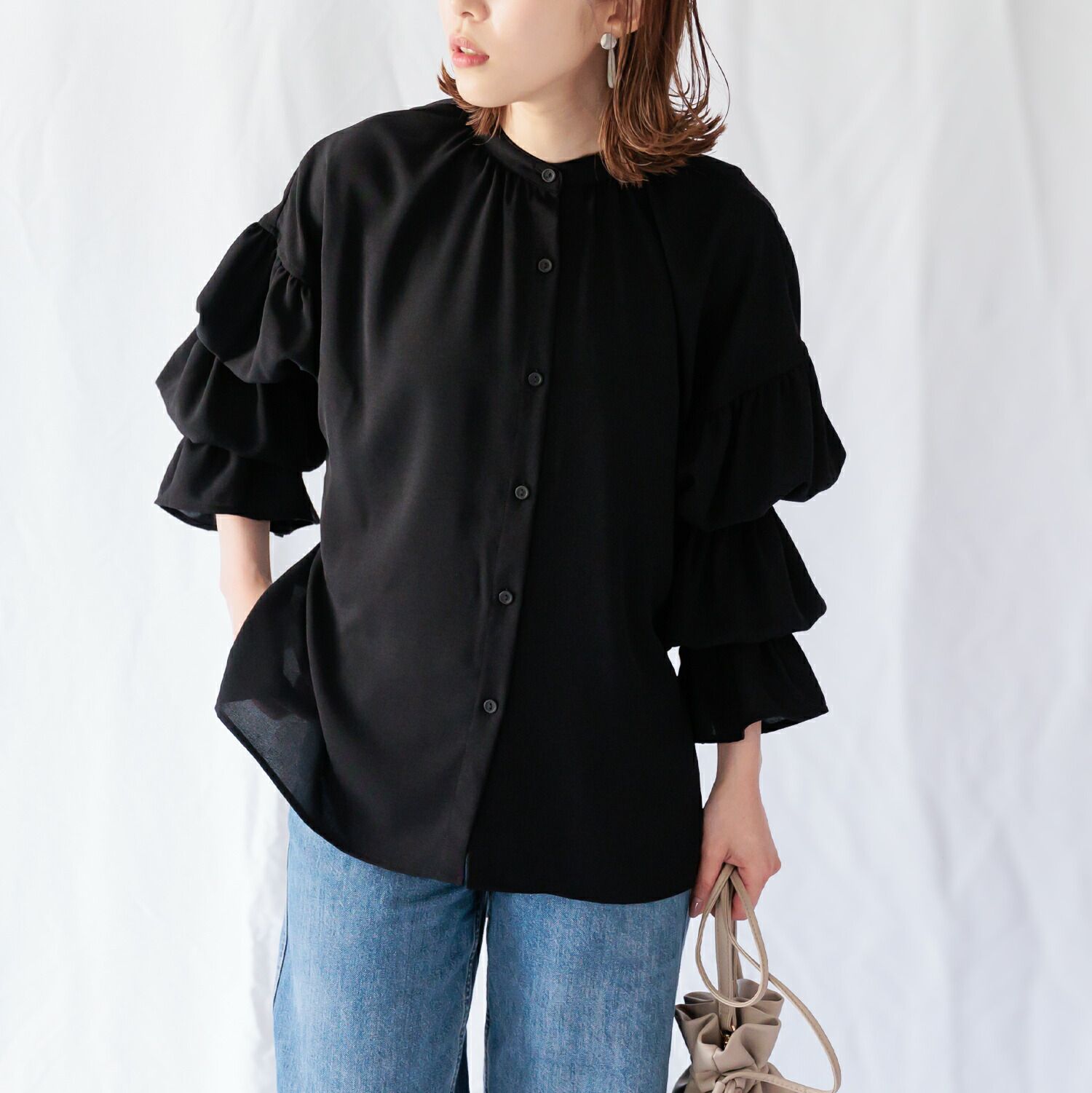 日本 ihuu - 甜美泡泡層次長袖襯衫-灰杏