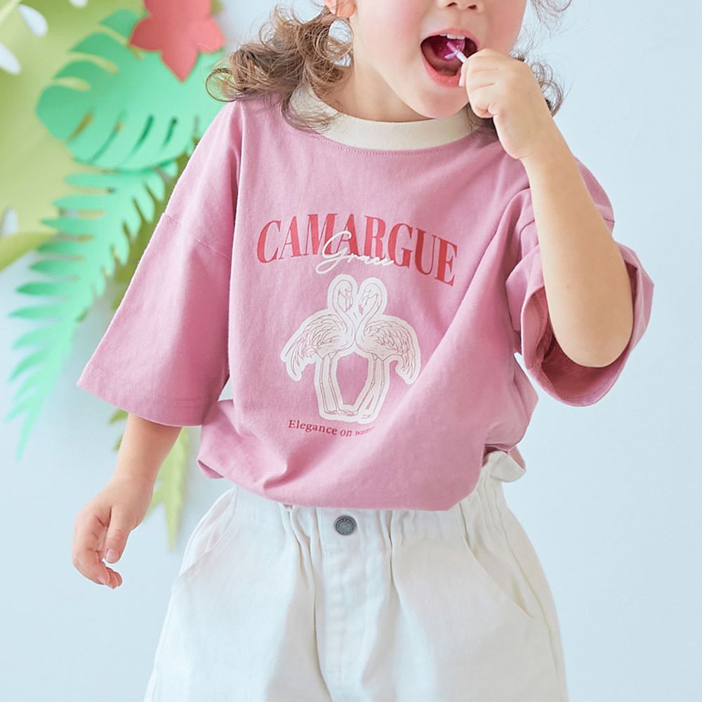 純棉動物線條印花短袖上衣-紅鸛-粉紅