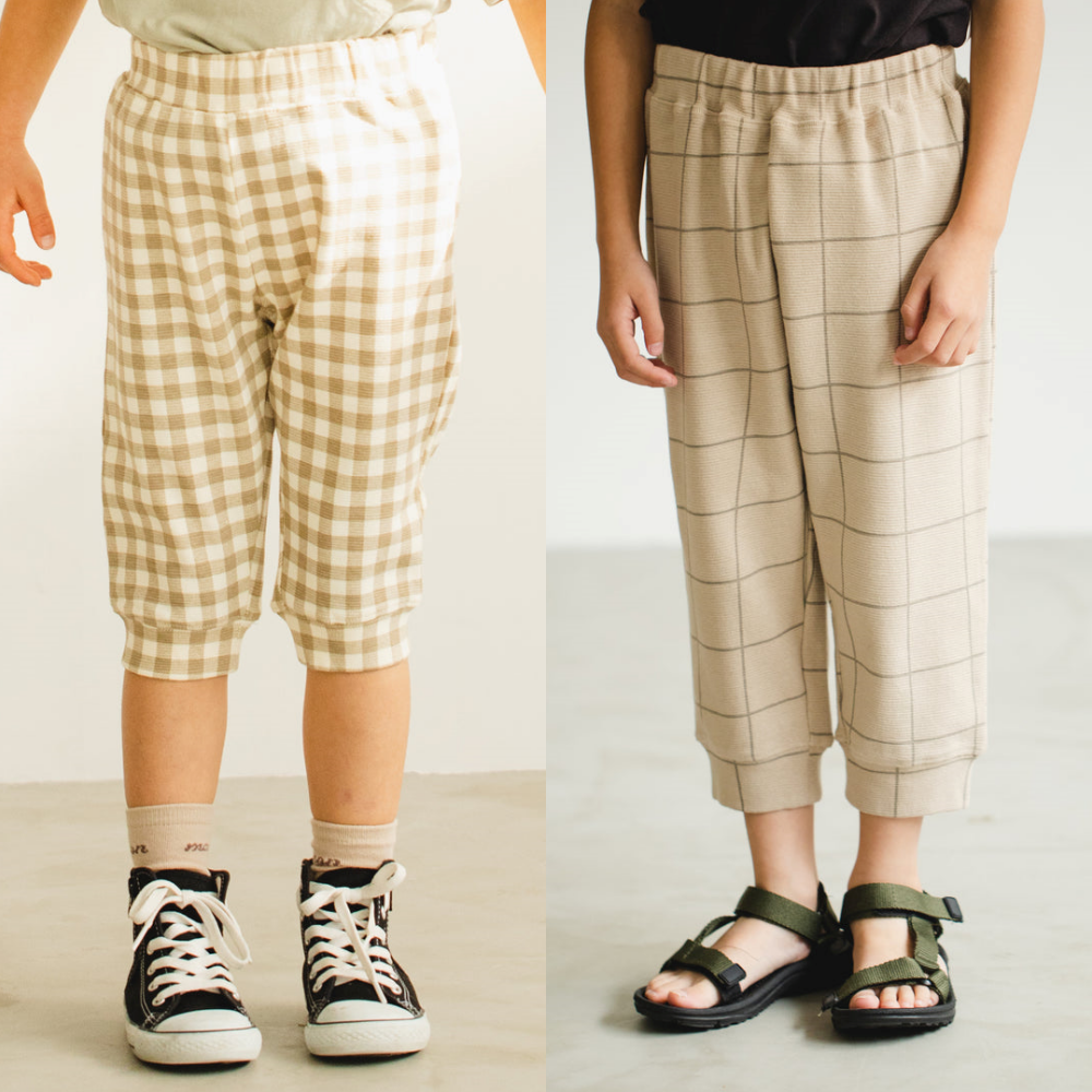日本 PAIRMANON - 百搭彈性縮口七分褲-格紋-杏