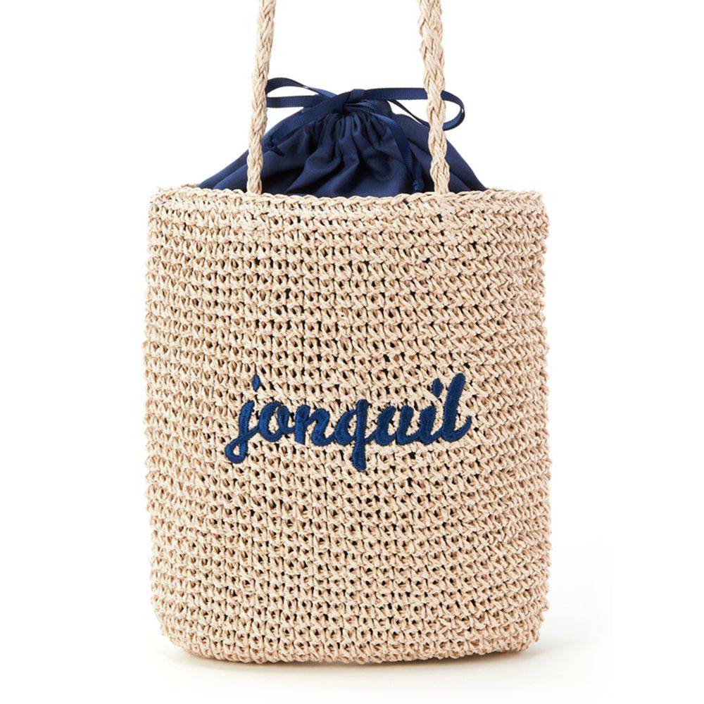 休閒藤編感英文logo抽繩側背包-海軍藍 (F)