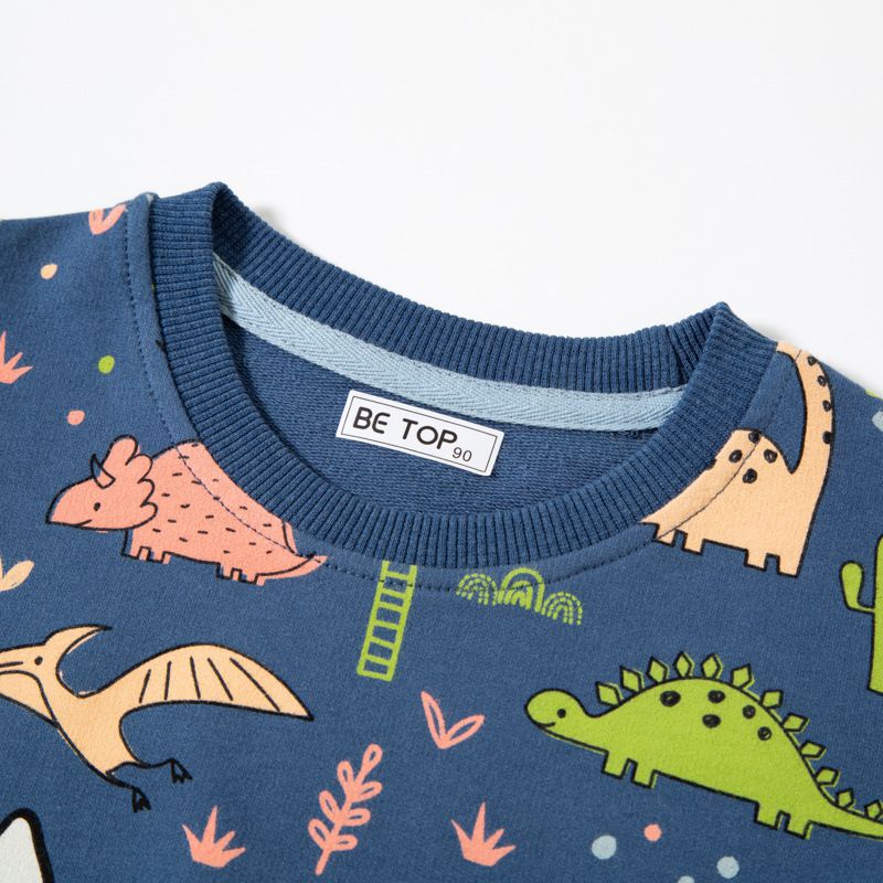 純棉圓領長袖上衣/大學T-恐龍世界-海軍藍