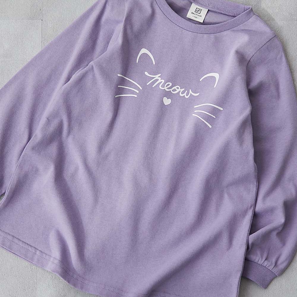 純棉甜美印花長版T恤-貓咪臉-紫羅蘭