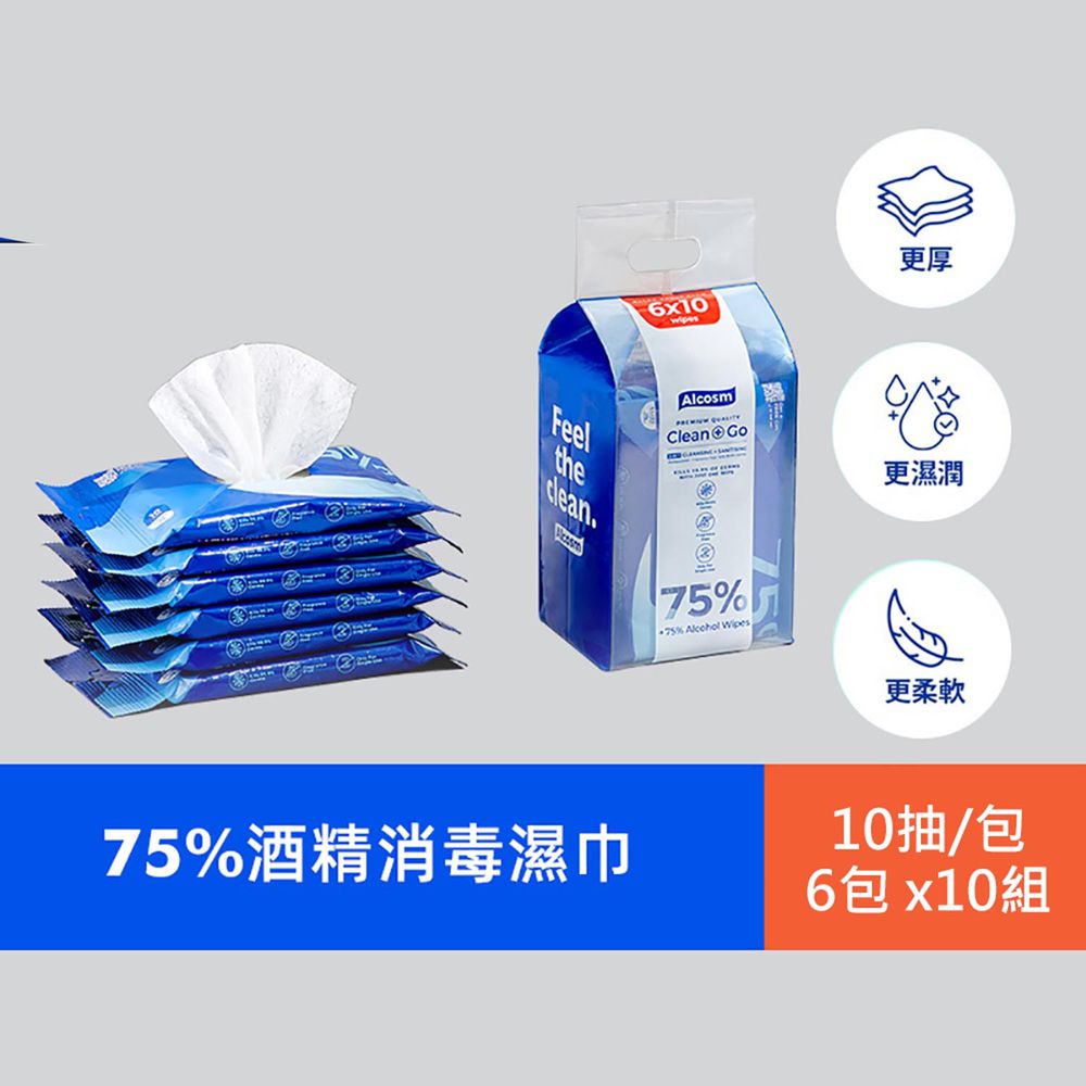 新加坡 Alcosm - 75% 酒精濕紙巾 - (10抽x6包) (10袋)