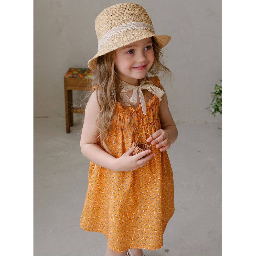 Puellaflo 亮麗花彩彈性抓褶背心洋裝-橘黃