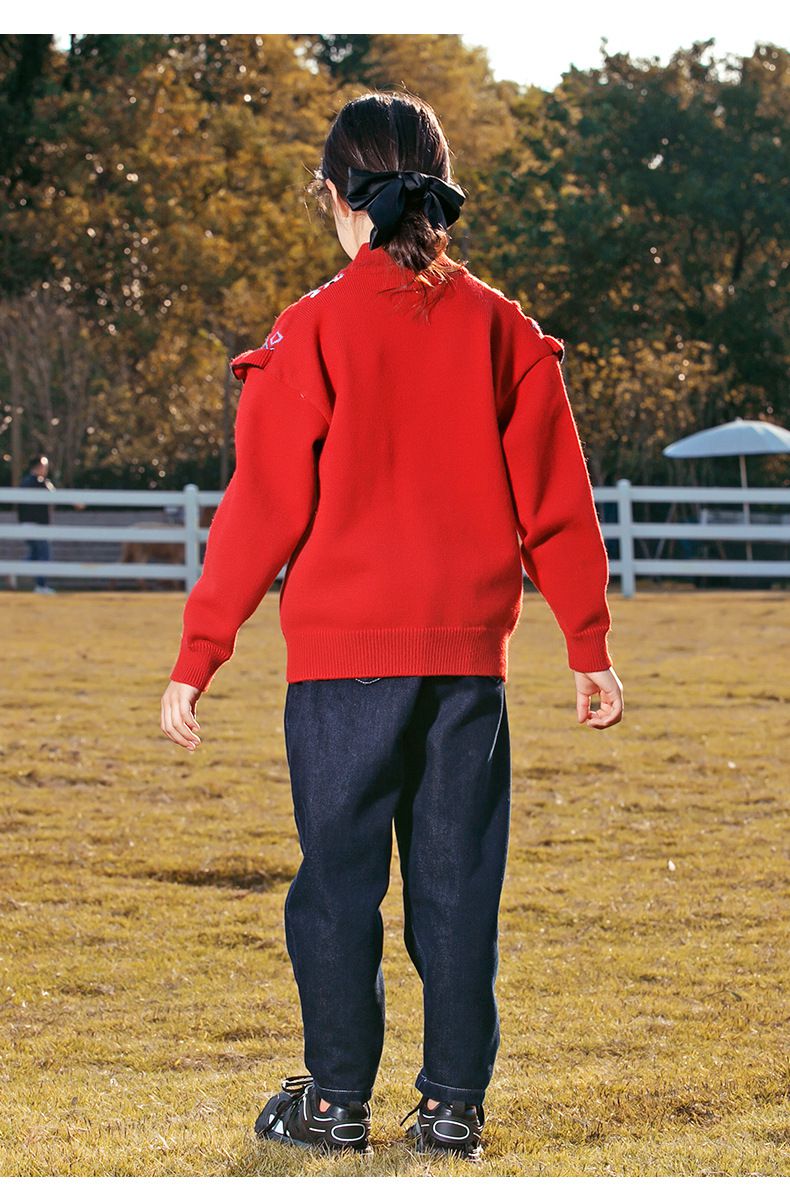 北歐圖騰木耳花邊細針織毛衣-紅色