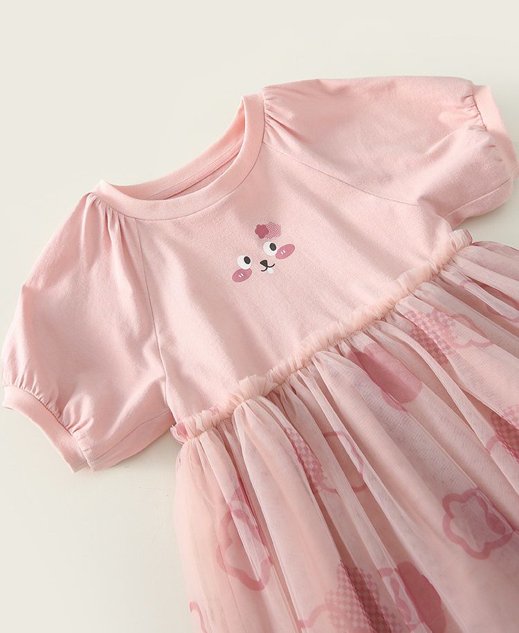 網紗公主袖連身洋裝-微笑小圖-粉色