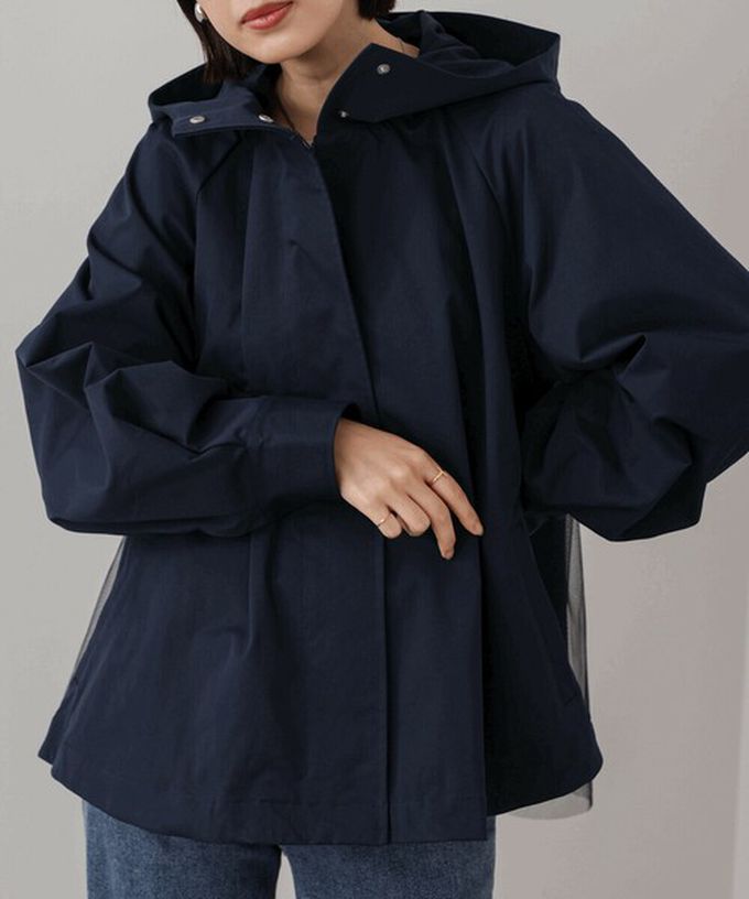 日本 Bab - [人氣款]背後皺摺薄紗連帽風衣外套-卡其杏