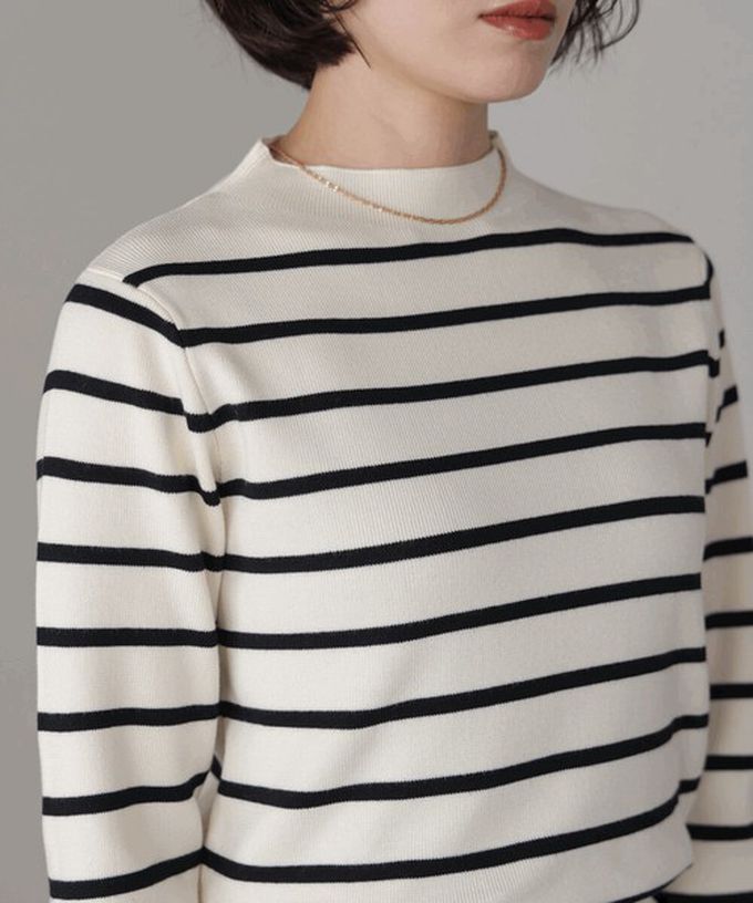 日本 Bab - 俐落感簡潔小立領針織上衣-杏x黃條紋