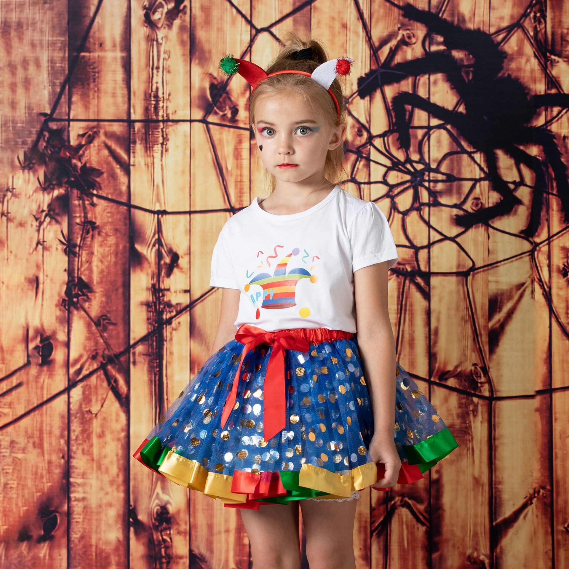 TUTUDRESS - 兒童網紗澎澎裙/片片裙+髮箍-小丑款-藍+紅+黃+綠-萬聖節裝扮