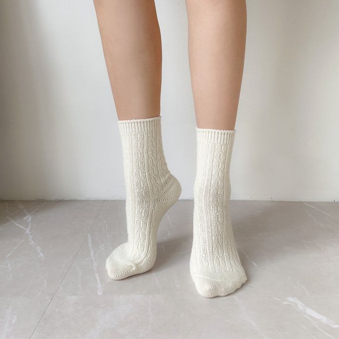 韓國Marian - 花紋素色羊毛保暖襪-芥茉黃 (Free)