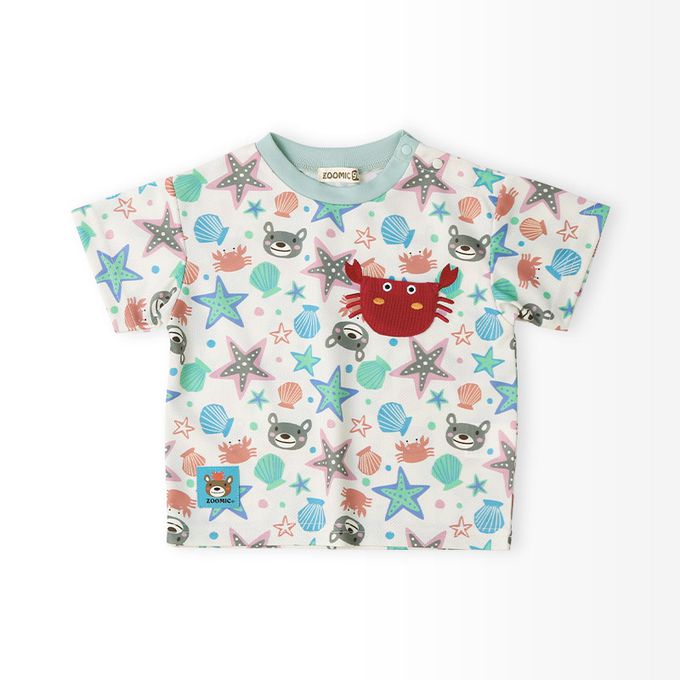 日本 ZOOLAND - 海洋印花網眼短袖上衣-滿版貝殼-淺灰