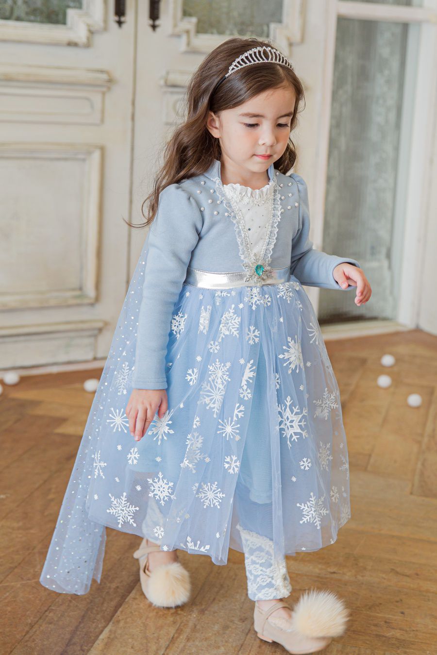 韓國 mari an u - (裏起毛)冰晶雪花女王洋裝(披風可拆)-閃耀藍