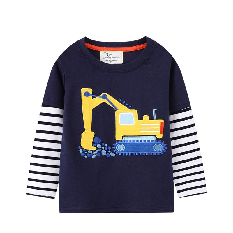 Jumping meters - 圓領棉質長袖上衣-刺繡工程車-深藍色