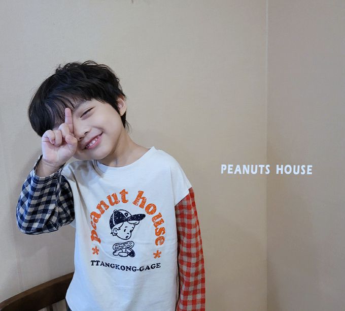 韓國 Peanuts House - 男孩印雙色格子拼接長袖上衣-藍黑X米杏X紅