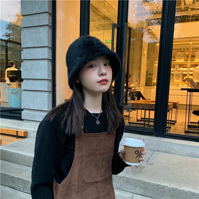 復古百搭絨毛漁夫帽-黑色 (M(56-58cm))