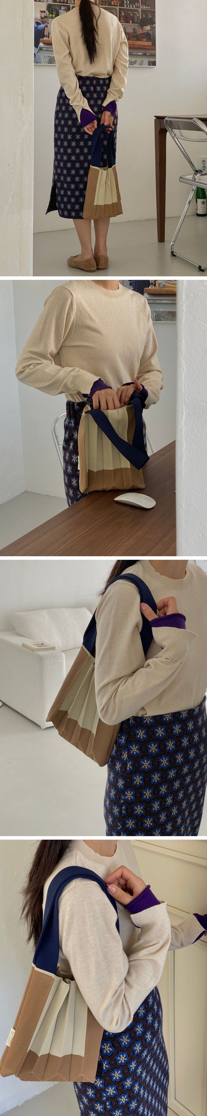 韓國 SOPHIENBONNE - 配色彈性針織褶手提/肩背包-米X深藍 (S)