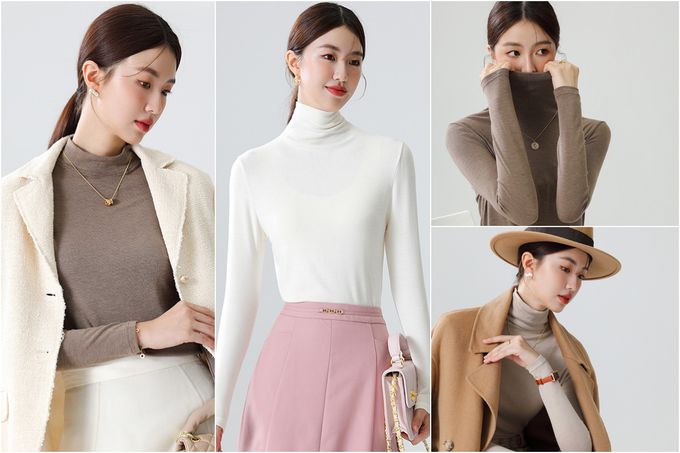 加絨針織半高領上衣-白色 (F)