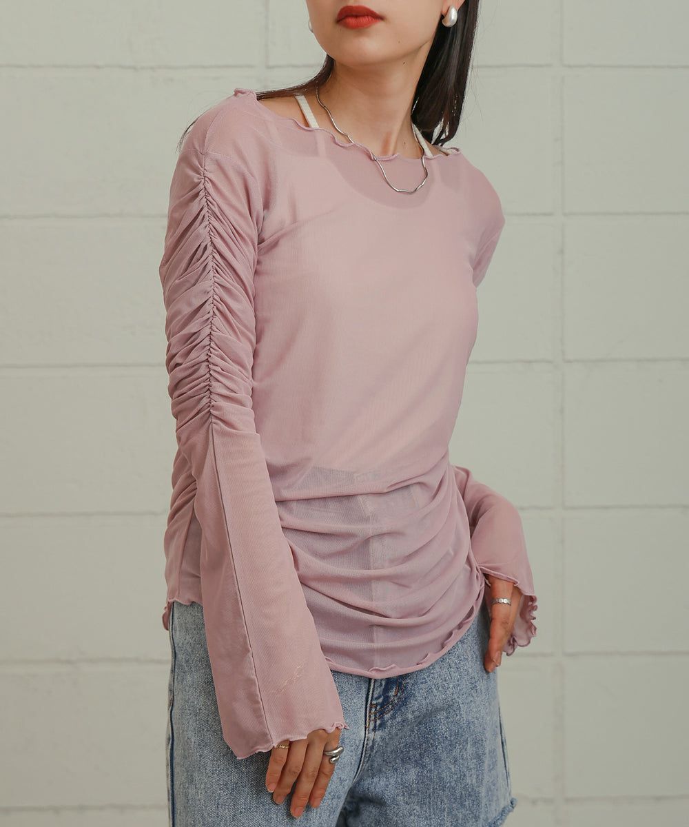 日本 Bab - 時尚透感抓皺長袖內搭/上衣-深可可