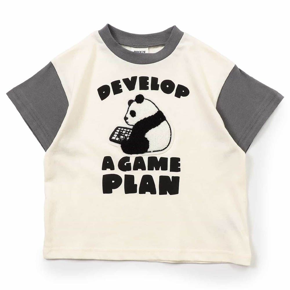 可愛立體刺繡短袖T恤-熊貓下棋-白