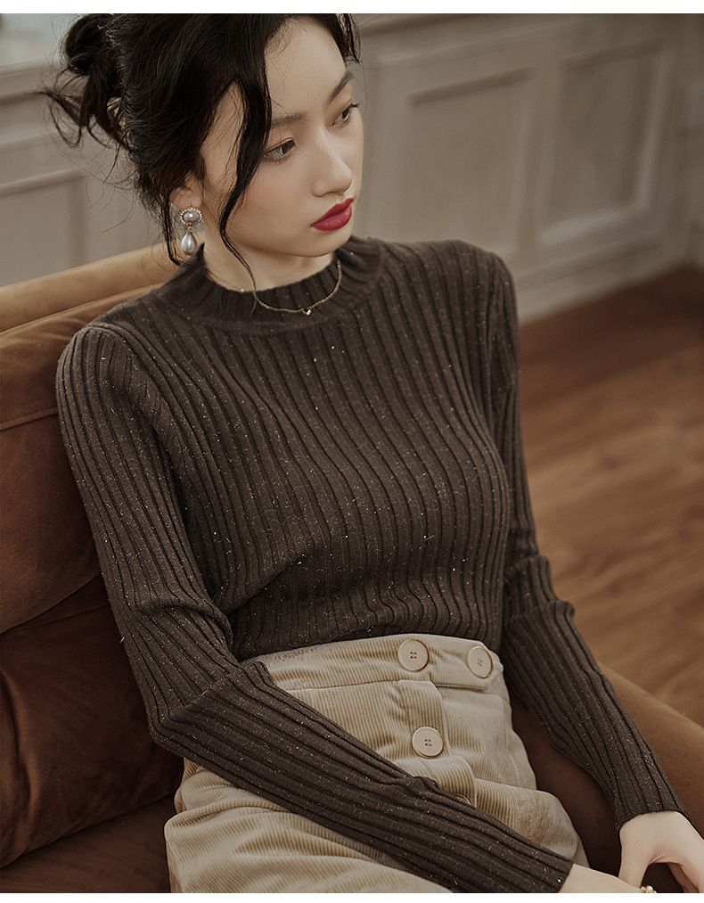 優雅百搭坑條修身針織上衣-咖啡色