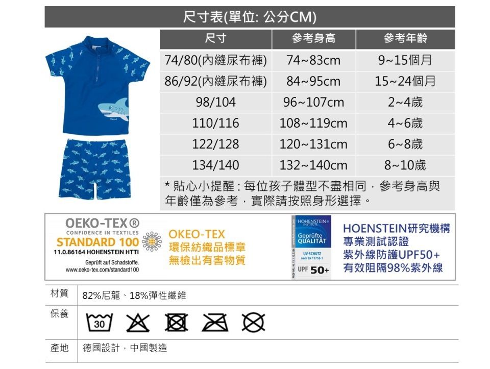 德國Playshoes - 抗UV防曬短袖兩件組兒童泳裝-鯊魚