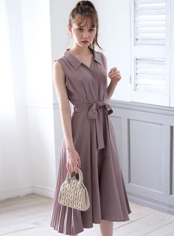 日本 GRL - 翻領無袖腰間綁帶洋裝-黑