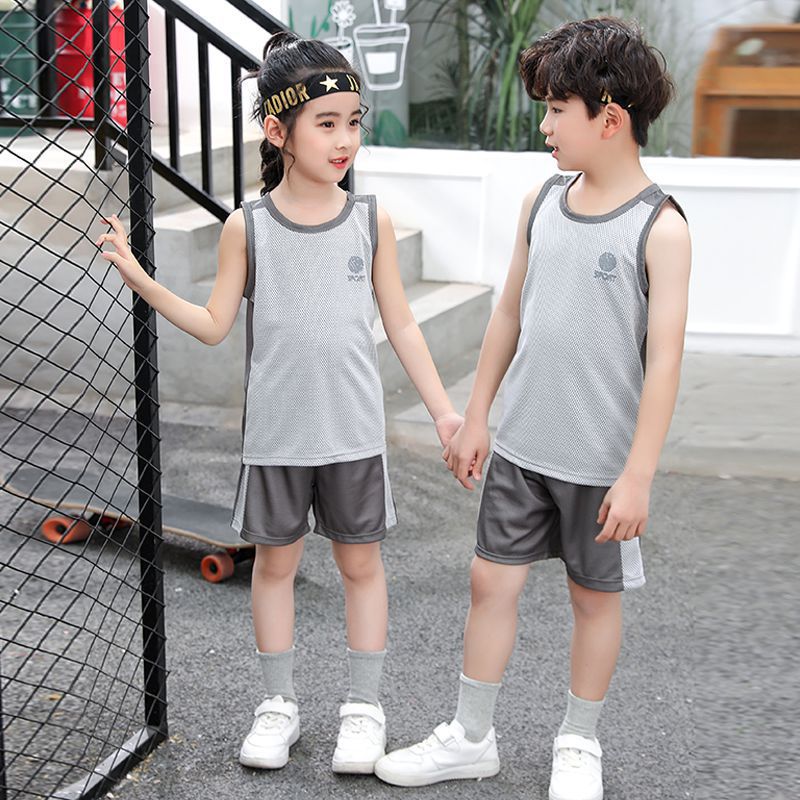 兒童速乾網眼短袖運動套裝-Sport籃球-淺灰色