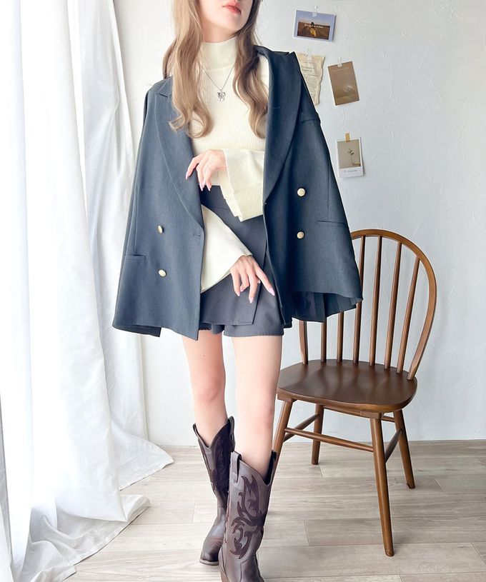 日本 Classical Elf - 羅紋修身高領喇叭袖上衣-淺灰x深棕