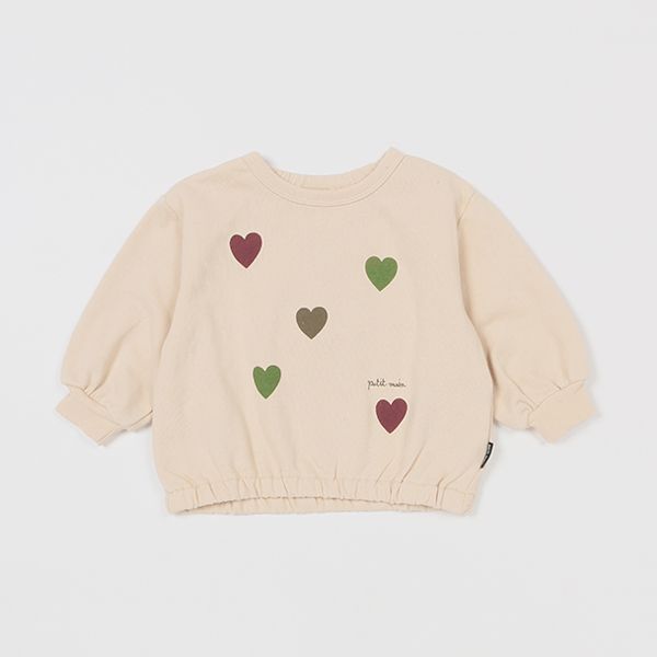 日本 petit main - 可愛女孩純棉長袖上衣-愛心-藍