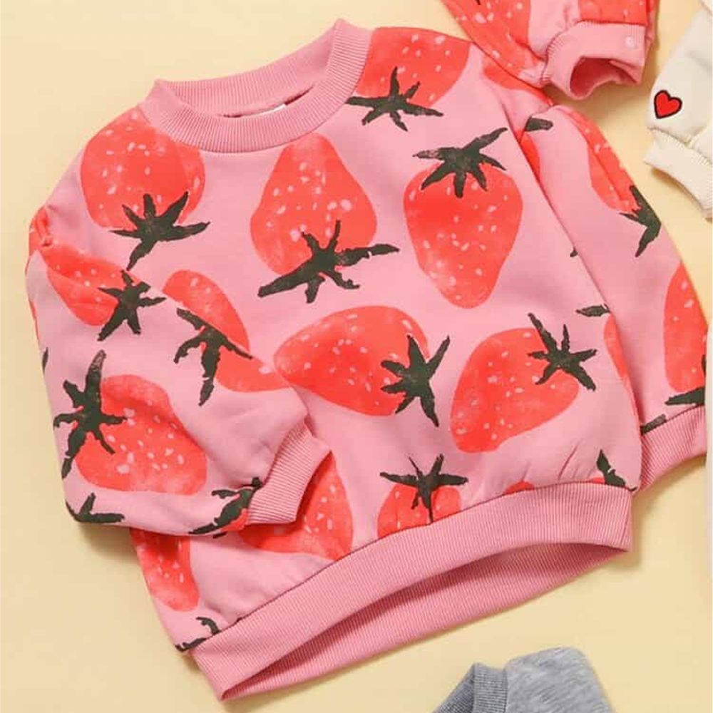 甜蜜印花裏毛長袖上衣-滿版草莓-粉紅