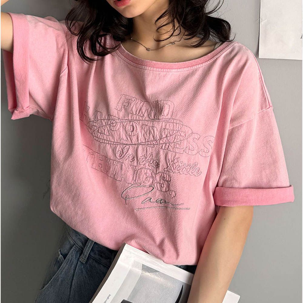純棉復古logo船領前後穿短袖上衣-粉紅