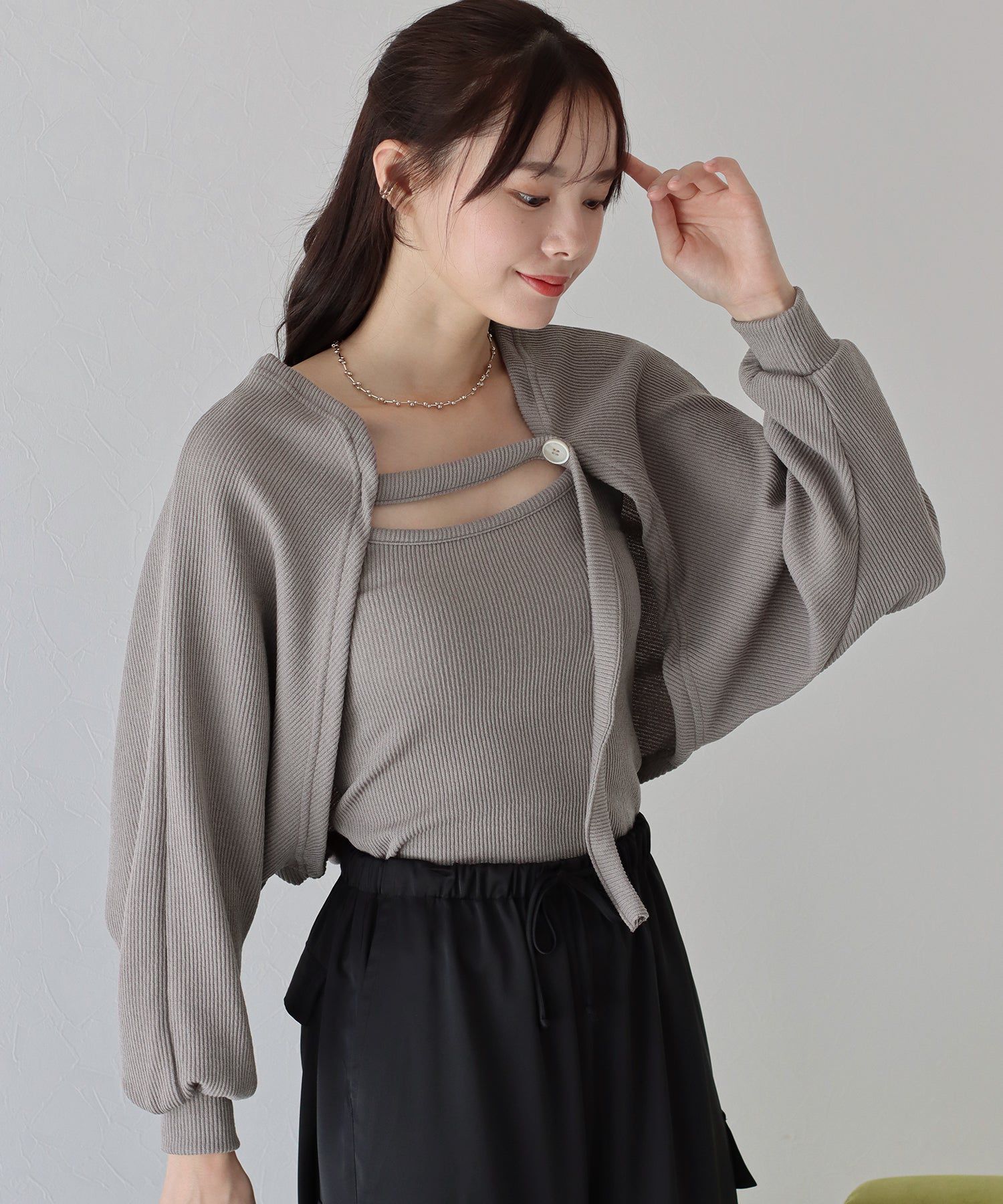 日本 BLUE EAST - 羅紋針織內搭x短版外套兩件組-黑