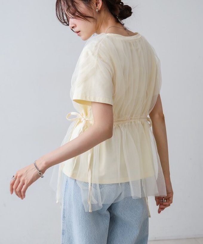 日本 Bab - 仙氣皺摺薄紗 腰綁帶短袖上衣-淺灰