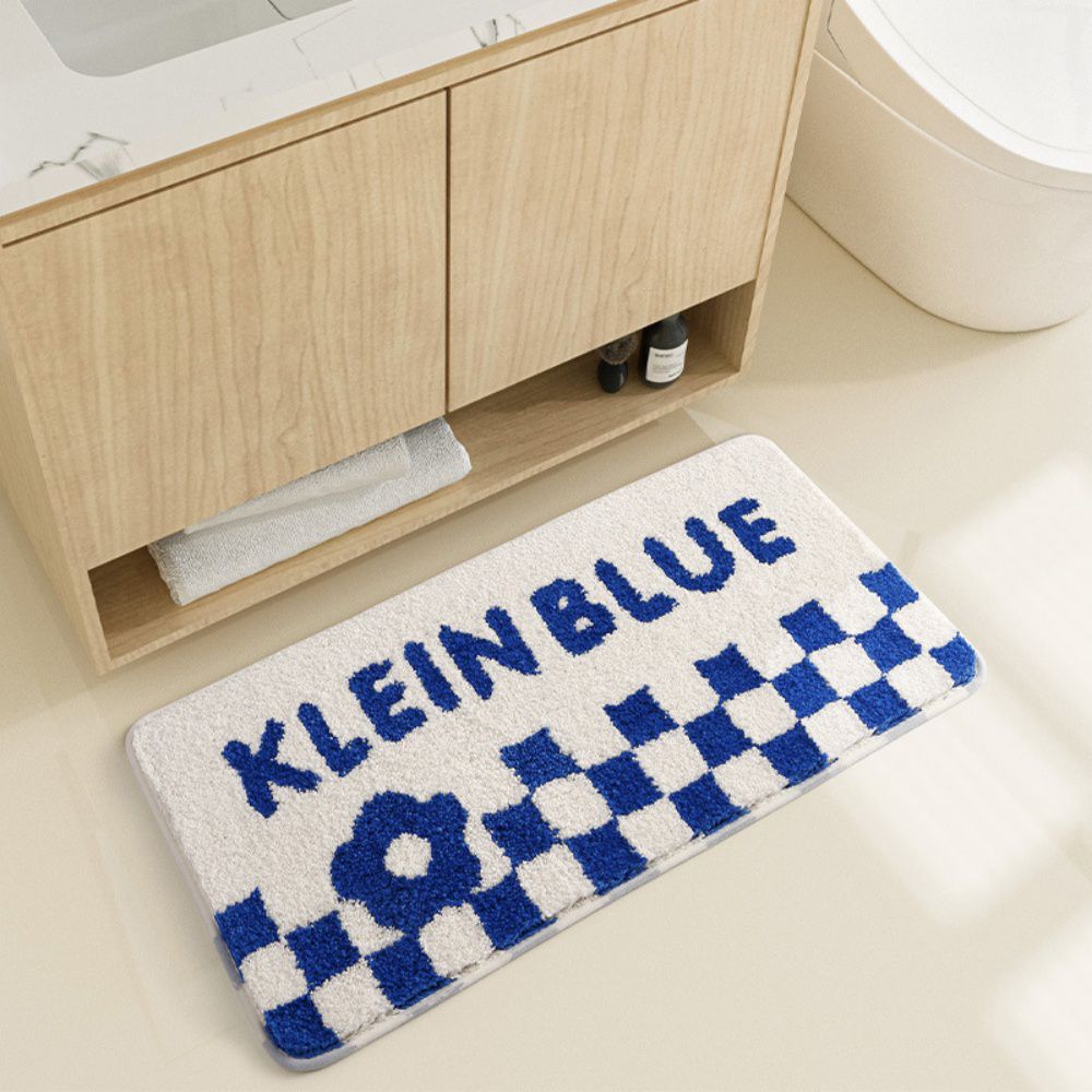 快速吸水植絨洗手台腳踏墊-格紋+花花-藍+白 (40x80cm)