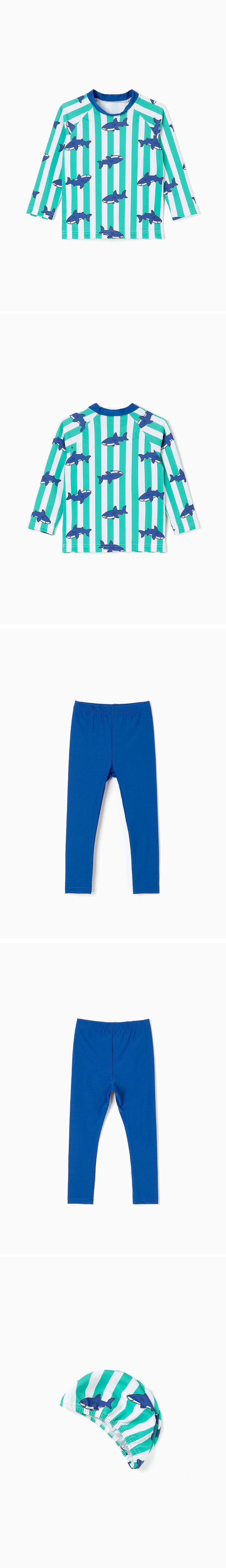 韓國 OZKIZ - 抗UV防曬兒童泳裝-三件組-條紋鯊魚